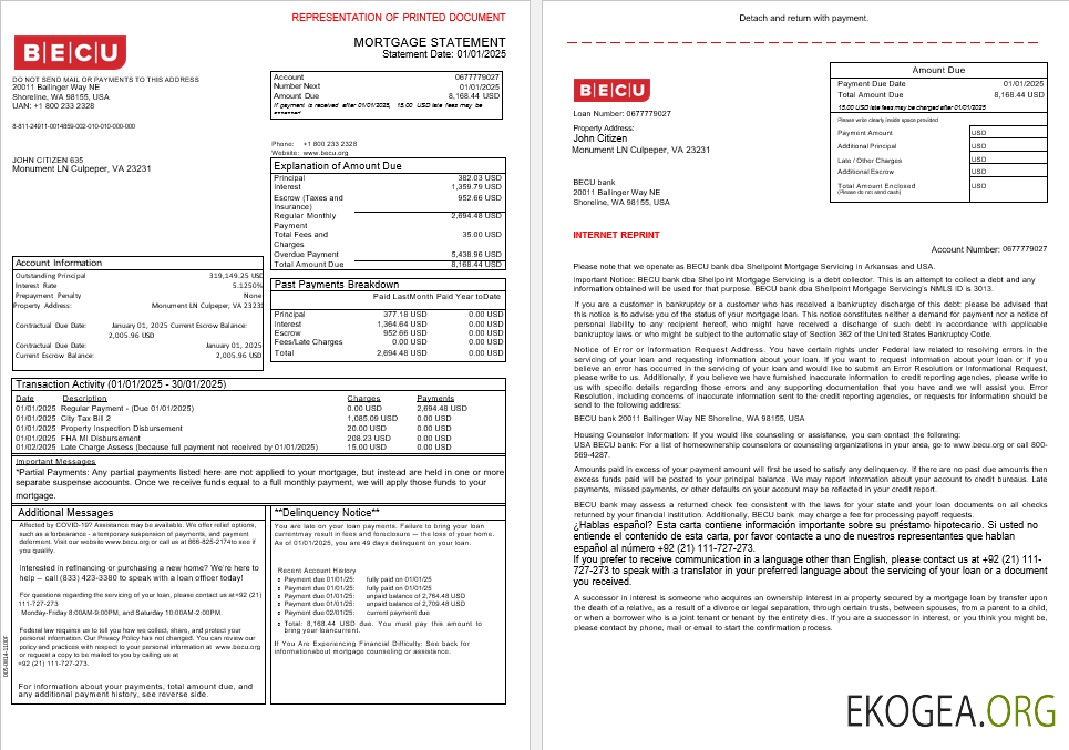 Relevé hypothécaire de la banque USA BECU aux formats Word et PDF, 3 pages 1 , 2